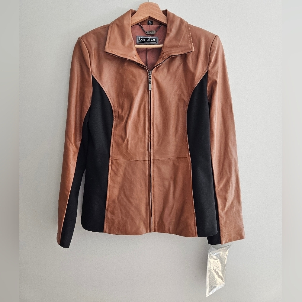 NWT Guillaume Genuine Leather Jacket Zipper Front Brown and Black Small